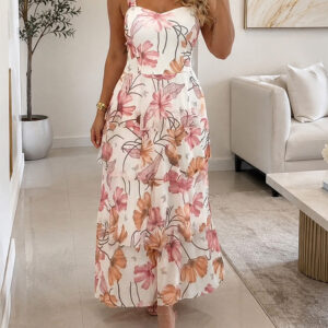 CHICME Women's Floral Print Mesh Tiered Maxi Dress High Waist Ruffle Hem Camisole Dress Sleeveless Sweetheart Neck Vacation Sundress