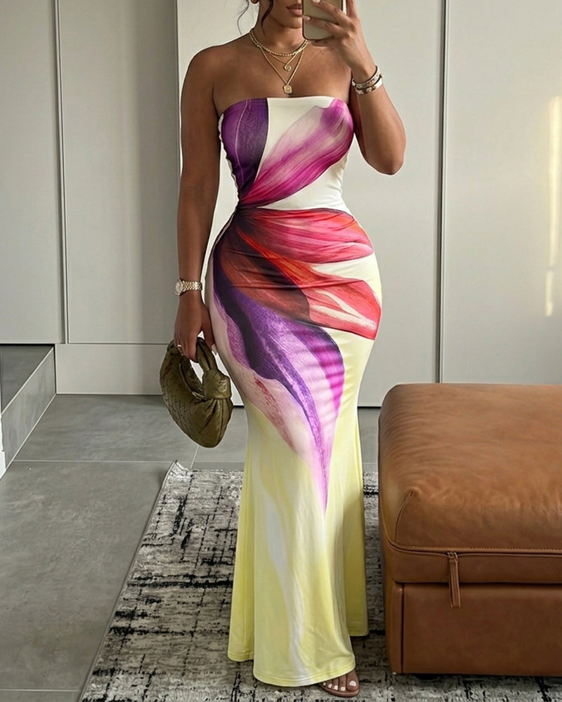 Women's Floral Print Strapless Maxi Dress Sexy Bodycon Mermaid Long Dress Elegant Evening Party Beach Sundress - Image 4