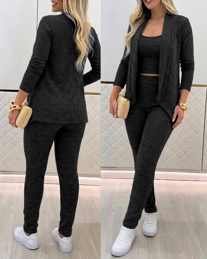 Women's 3-Piece Knit Set Shawl Collar Cardigan with Crop Tank and High Waisted Slim Fit Pants Casual Loungewear - Image 5