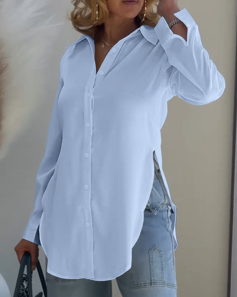 Turn-down Collar Roll Up Sleeve Button Front Shirt Casual Side Slit Curved Hem Top - Image 12