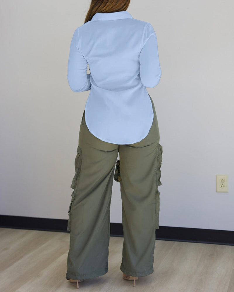 Turn-down Collar Roll Up Sleeve Button Front Shirt Casual Side Slit Curved Hem Top - Image 13
