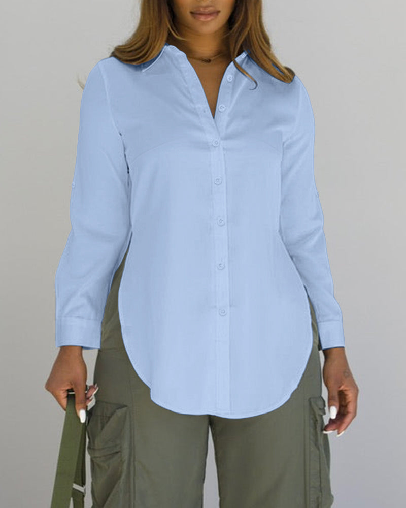 Turn-down Collar Roll Up Sleeve Button Front Shirt Casual Side Slit Curved Hem Top - Image 14
