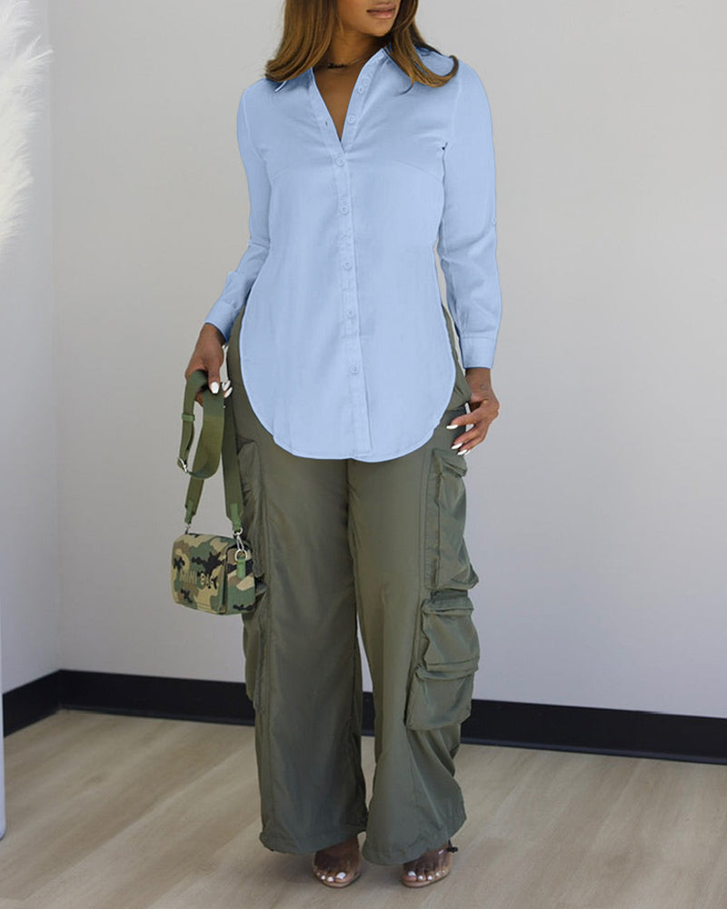 Turn-down Collar Roll Up Sleeve Button Front Shirt Casual Side Slit Curved Hem Top - Image 17