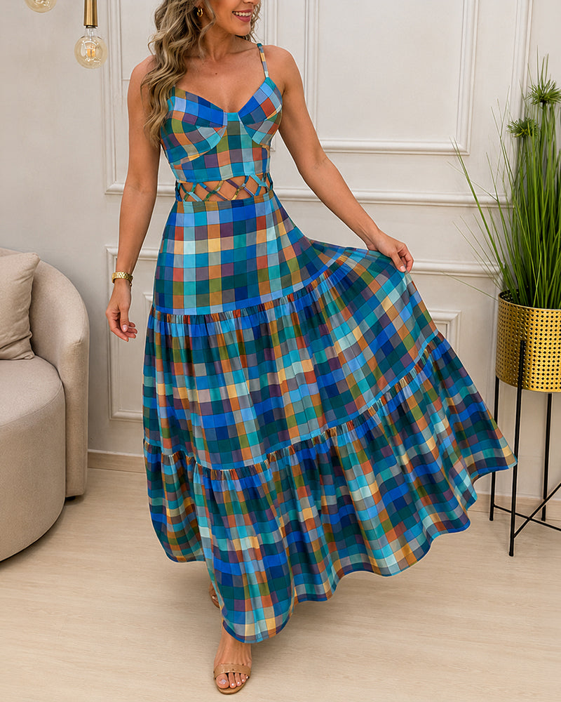 Women's Colorblock Plaid Hollow-out Maxi Dress V Neck Backless Ruffle Cami Dress Casual Shirred Beach Sundress - Image 9