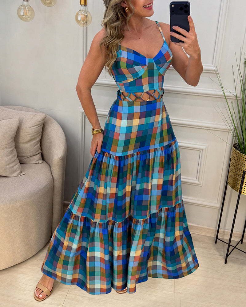 Women's Colorblock Plaid Hollow-out Maxi Dress V Neck Backless Ruffle Cami Dress Casual Shirred Beach Sundress - Image 7