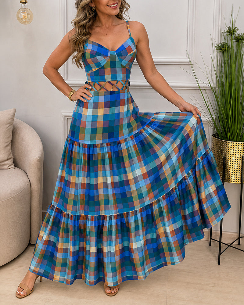Women's Colorblock Plaid Hollow-out Maxi Dress V Neck Backless Ruffle Cami Dress Casual Shirred Beach Sundress - Image 13