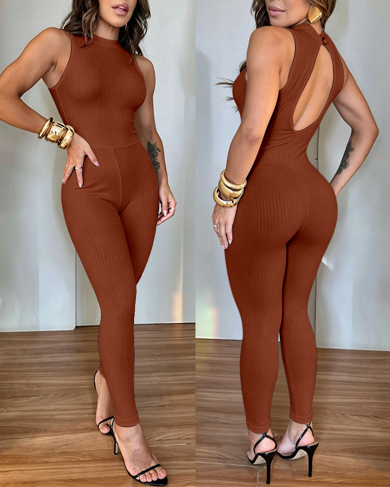 Women's Halter Neck Backless Jumpsuit Ribbed Knit Slim Fit Sleeveless Romper Sexy Party Clubwear - Image 4