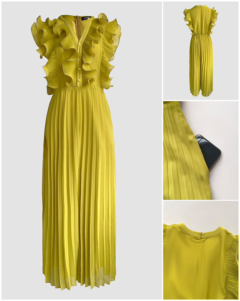 Ruffles Spliced V-Neck Sleeveless Button Front Pleated Overalls Casual Zipper Back Wide Leg Jumpsuit - Image 5