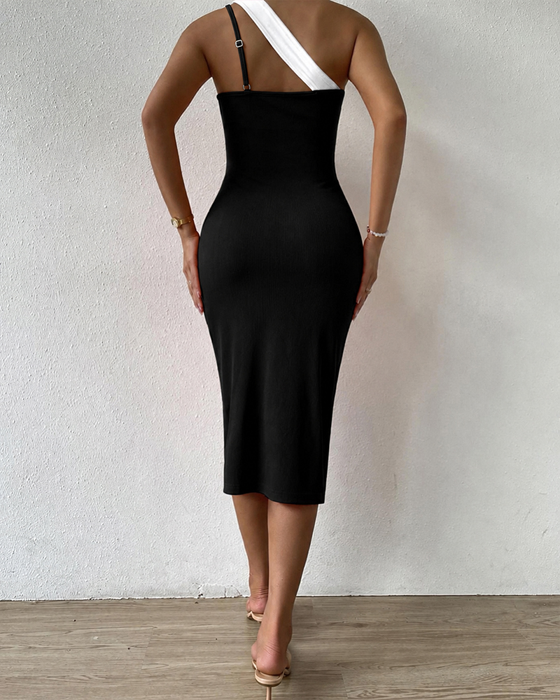 Women's Asymmetric One Shoulder Bodycon Dress Colorblock Cutout Adjustable Strap Wrap Slit Midi Dress - Image 2
