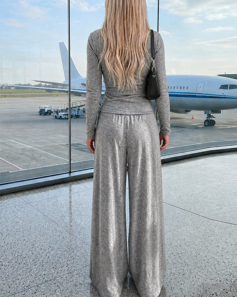 Women's 2 Piece Knit Lounge Set Long Sleeve Tie Waist Top and High Waisted Wide Leg Pants Casual Soft Sweatsuit with Pockets - Image 2