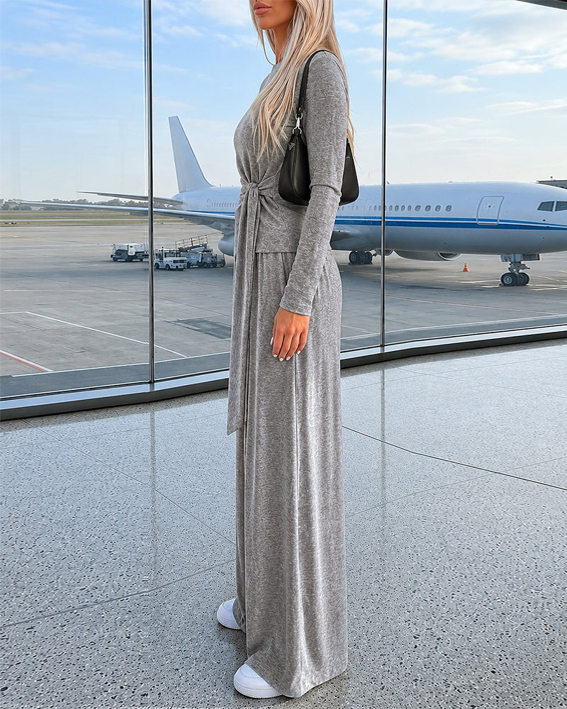 Women's 2 Piece Knit Lounge Set Long Sleeve Tie Waist Top and High Waisted Wide Leg Pants Casual Soft Sweatsuit with Pockets - Image 3
