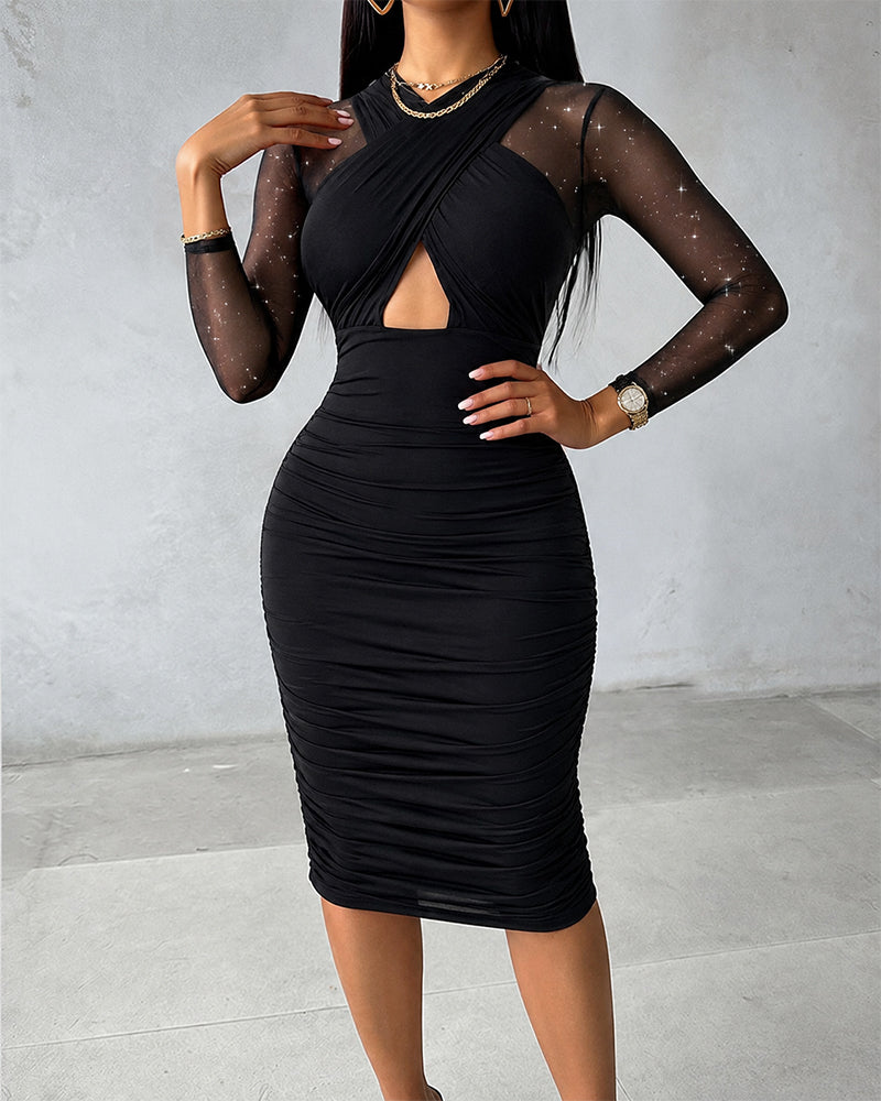 Women's Glitter Long Sleeve Bodycon Dress Criss Cross Hollow Out Sheer Mesh Spliced Party Midi Dress Sexy Evening Gown - Image 4