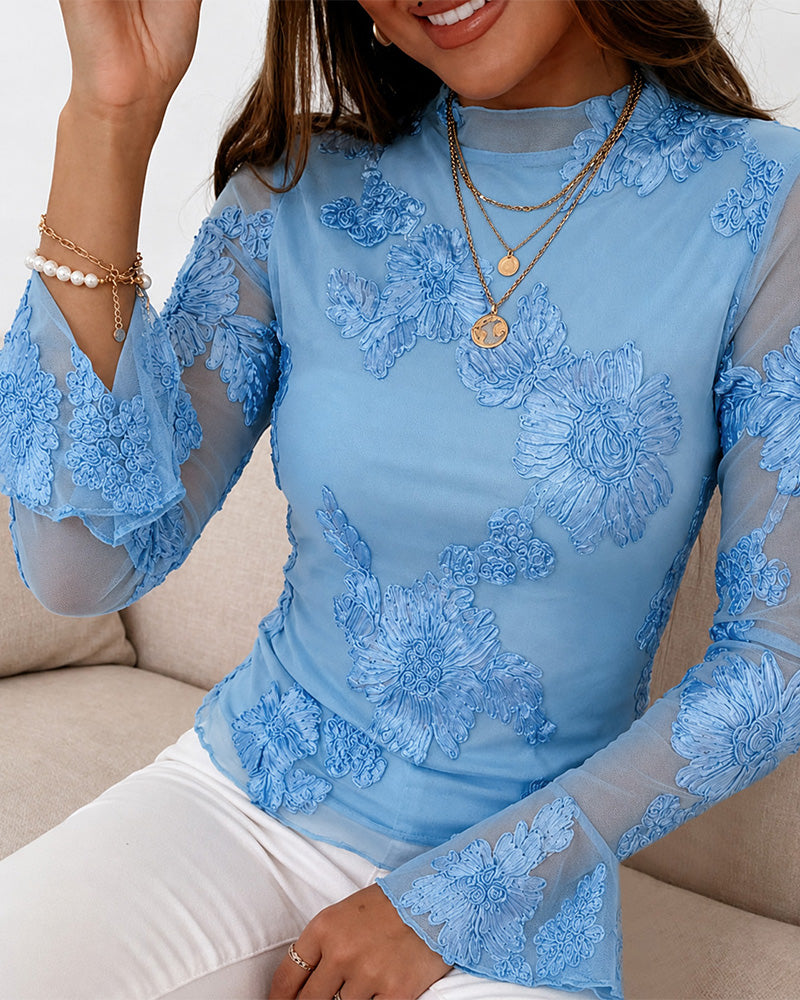 Women's French Style Mesh Top Floral Jacquard Mock Neck Long Sleeve Blouse Elegant Flare Cuffs Slim Fit Layered Top - Image 4