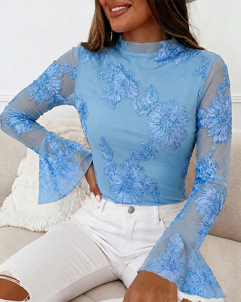 Women's French Style Mesh Top Floral Jacquard Mock Neck Long Sleeve Blouse Elegant Flare Cuffs Slim Fit Layered Top - Image 5