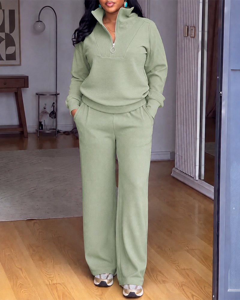 Women's 2 Piece Ribbed Lounge Set Half Zip Long Sleeve Sweatshirt and Straight Leg Pants Casual Sweatpants Set - Image 7