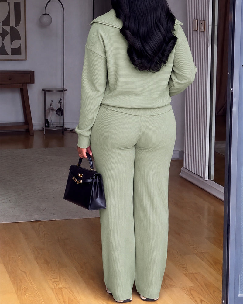 Women's 2 Piece Ribbed Lounge Set Half Zip Long Sleeve Sweatshirt and Straight Leg Pants Casual Sweatpants Set - Image 2