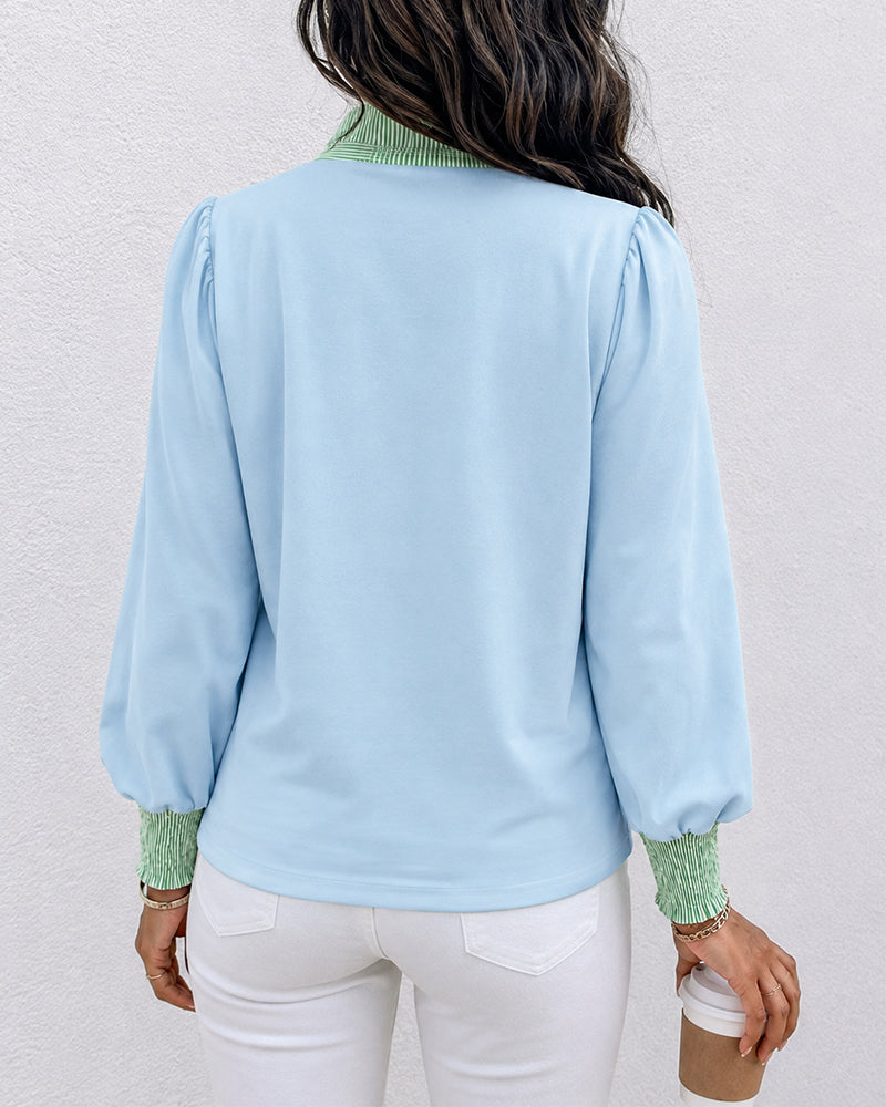 Women's Contrast Stripe Patchwork Blouse Frill Hem Stand Collar Puff Lantern Sleeve Shirred Cuff Pullover Shirt - Image 2