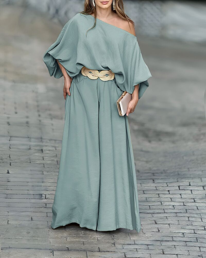 2 Pieces Outfit Turn-down Coll Long Sleeve Button Front Satin Shirt and Casual Vintage Floral Print Elastic Back Waist Wide Leg Pants Set without Belt - Image 15