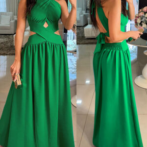 Halter Sleeveless Tied Detail Shirred Criss Cross Flared Dress Glamorous Evening Dress