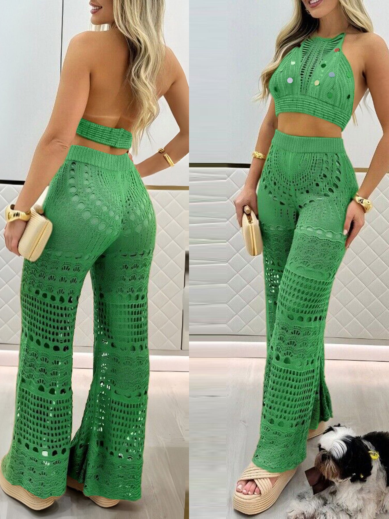 2 Pieces Round Sequin Knitted Halter Sleeveless Crop Top and Casual Strechy Waist Wide Leg Knit Pants Set - Image 12