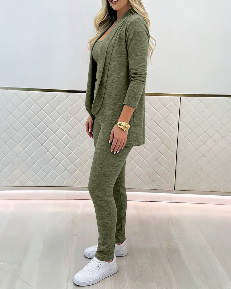 Women's 3-Piece Knit Set Shawl Collar Cardigan with Crop Tank and High Waisted Slim Fit Pants Casual Loungewear - Image 12
