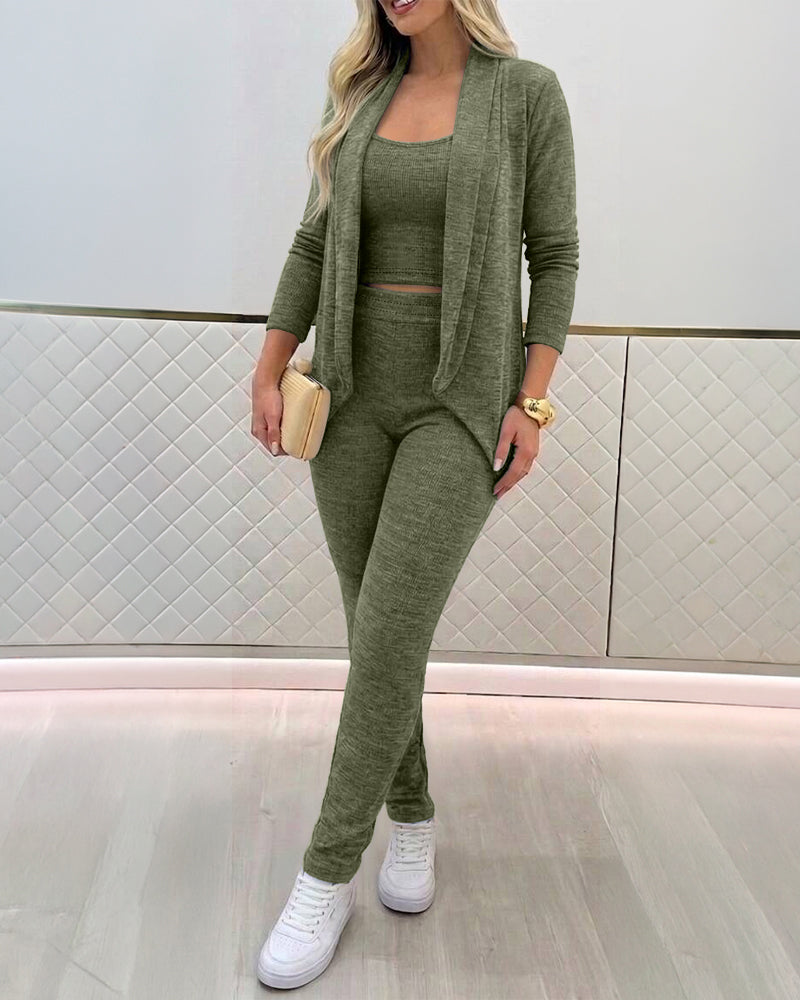 Women's 3-Piece Knit Set Shawl Collar Cardigan with Crop Tank and High Waisted Slim Fit Pants Casual Loungewear - Image 15