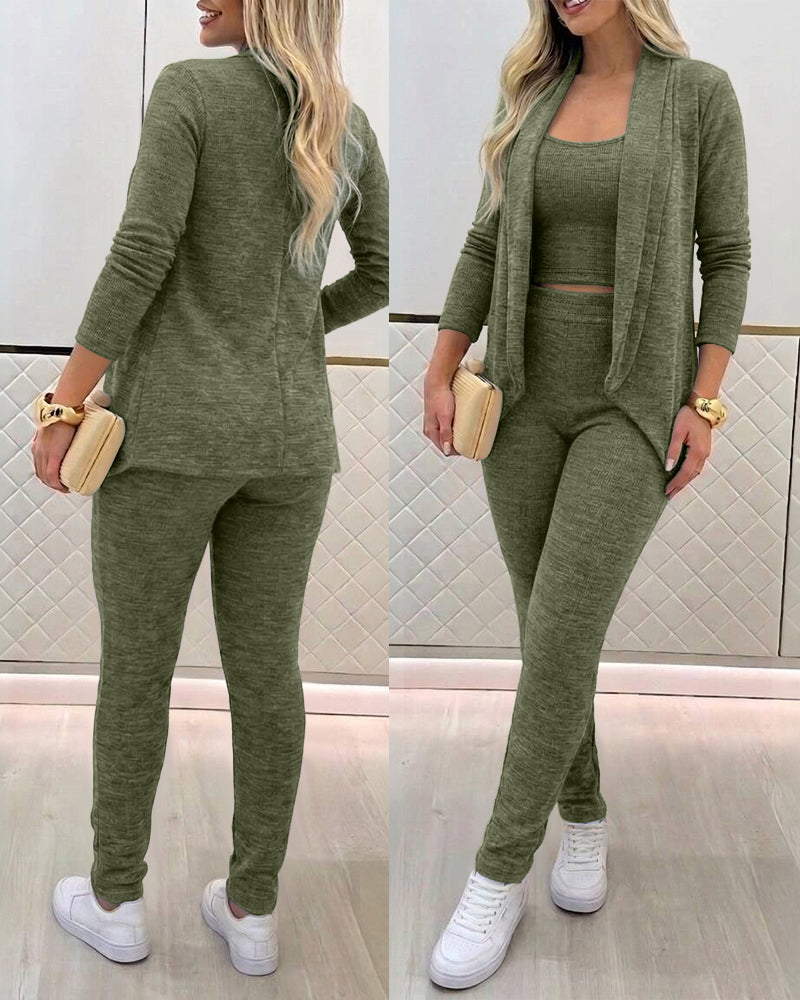 Women's 3-Piece Knit Set Shawl Collar Cardigan with Crop Tank and High Waisted Slim Fit Pants Casual Loungewear - Image 11