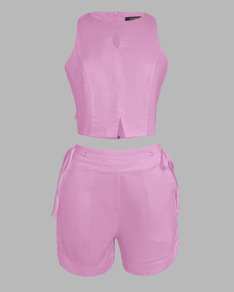 2 Pieces Outfit Button Decor Sleeveless Hollow-out Front Zipper Back Crop Top and Casual Elastic Back Waist Tie Side Shorts Set - Image 26
