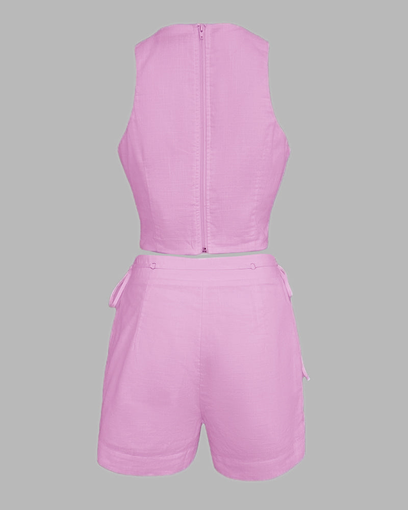 2 Pieces Outfit Button Decor Sleeveless Hollow-out Front Zipper Back Crop Top and Casual Elastic Back Waist Tie Side Shorts Set - Image 27