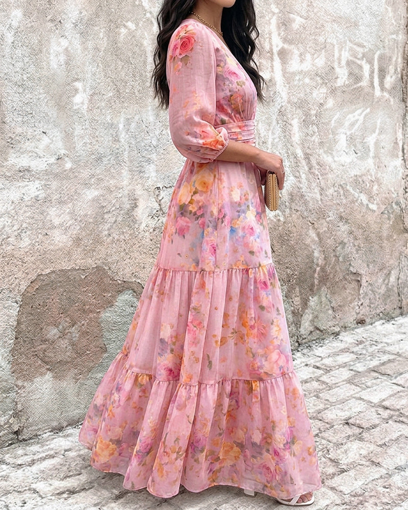 CHICME Women's Watercolor Floral V-Neck Shirred High Waist Maxi Dress Three Quarters Lantern Sleeve A-Line Ruffle Hem Chiffon Vacation Dress - Image 11