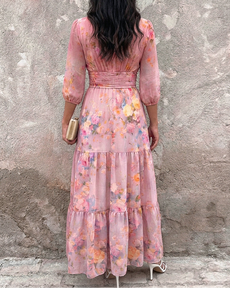CHICME Women's Watercolor Floral V-Neck Shirred High Waist Maxi Dress Three Quarters Lantern Sleeve A-Line Ruffle Hem Chiffon Vacation Dress - Image 10