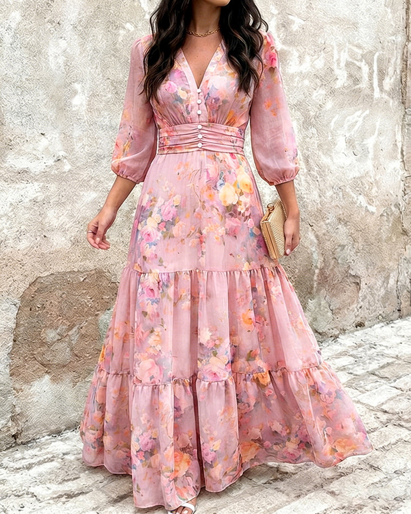 CHICME Women's Watercolor Floral V-Neck Shirred High Waist Maxi Dress Three Quarters Lantern Sleeve A-Line Ruffle Hem Chiffon Vacation Dress - Image 9
