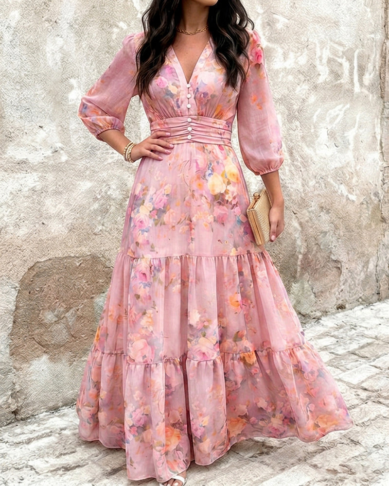 CHICME Women's Watercolor Floral V-Neck Shirred High Waist Maxi Dress Three Quarters Lantern Sleeve A-Line Ruffle Hem Chiffon Vacation Dress - Image 12