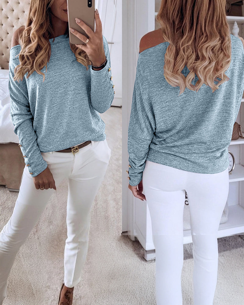 Women's Multi Way Neck Long Sleeve Top Gold Button Detail Casual Knit Tee - Image 29