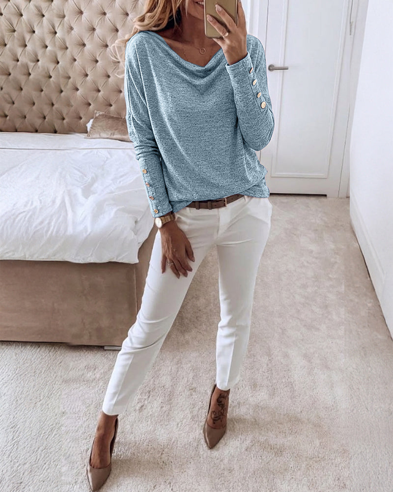 Women's Multi Way Neck Long Sleeve Top Gold Button Detail Casual Knit Tee - Image 30