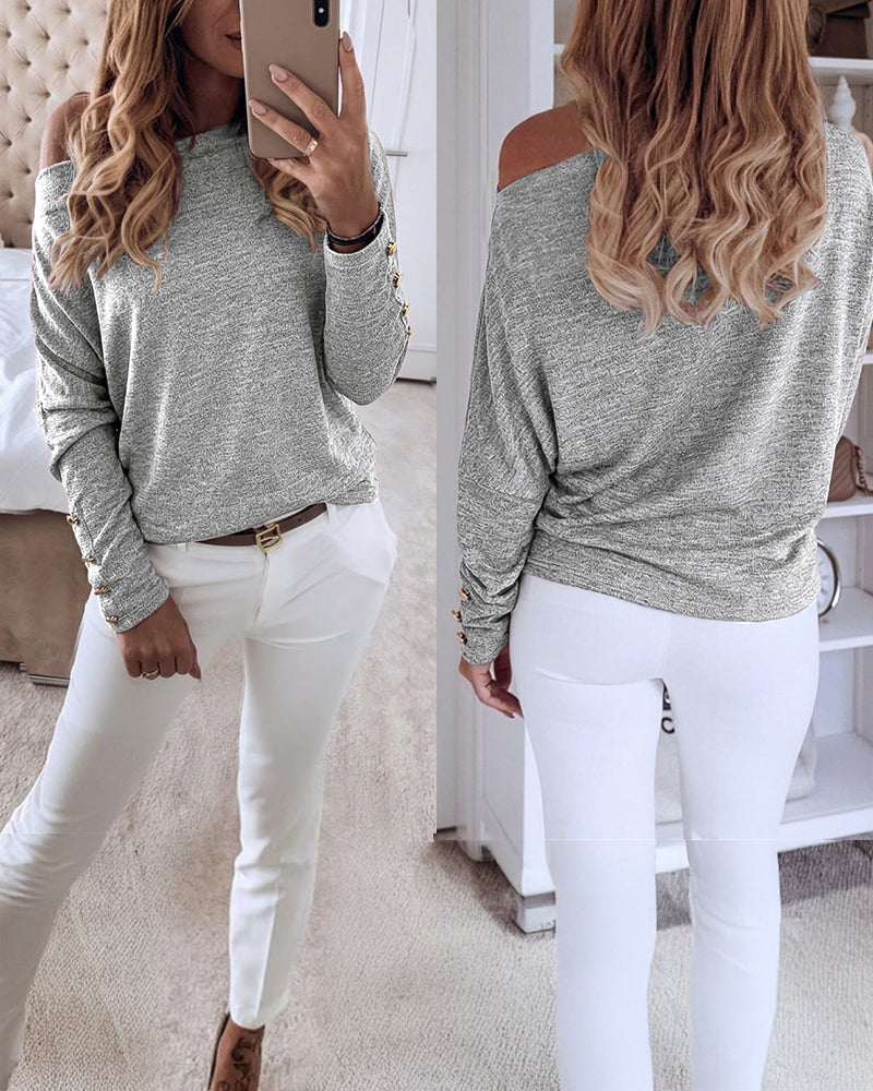 Women's Multi Way Neck Long Sleeve Top Gold Button Detail Casual Knit Tee - Image 23