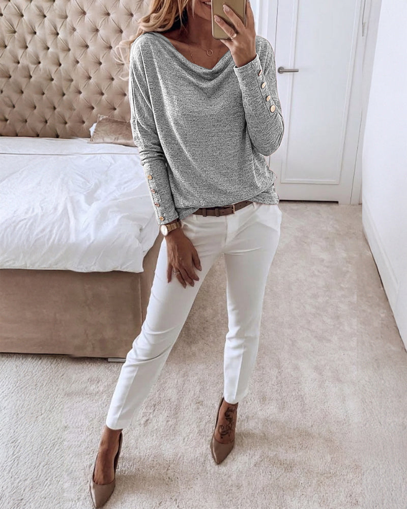 Women's Multi Way Neck Long Sleeve Top Gold Button Detail Casual Knit Tee - Image 24