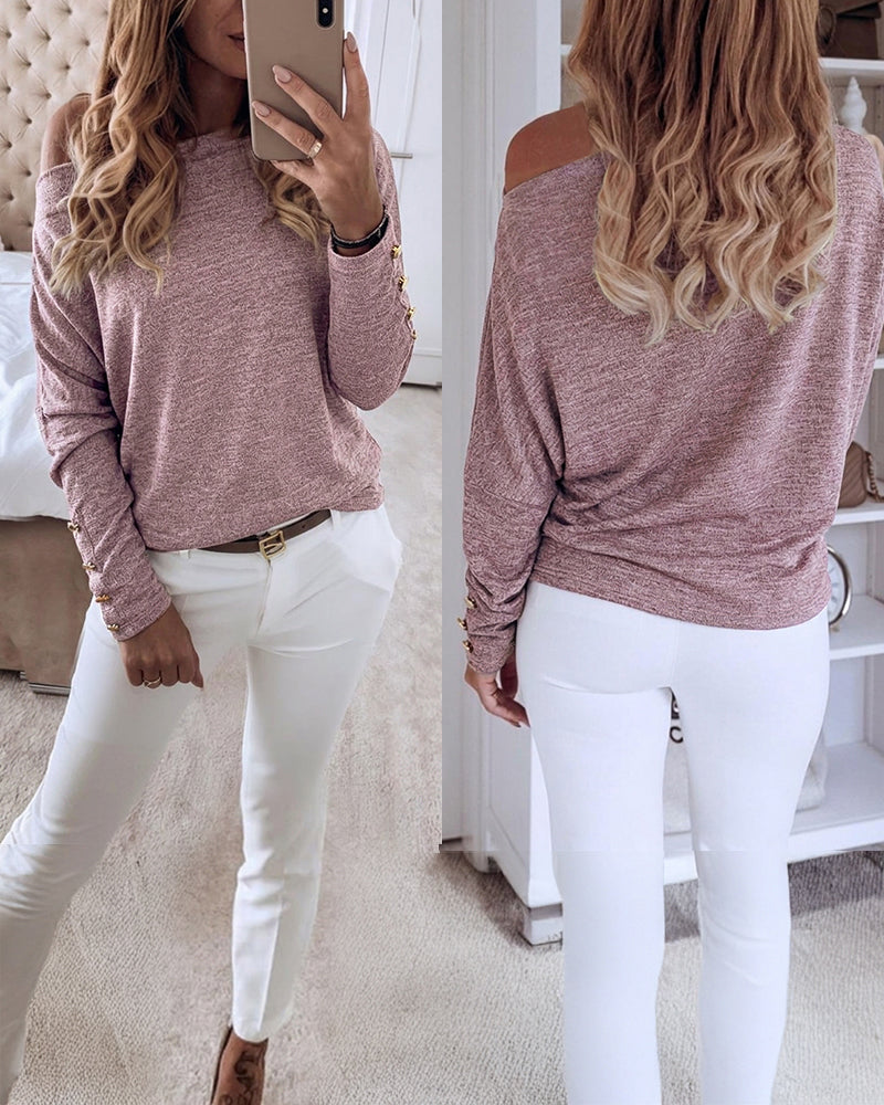 Women's Multi Way Neck Long Sleeve Top Gold Button Detail Casual Knit Tee - Image 4