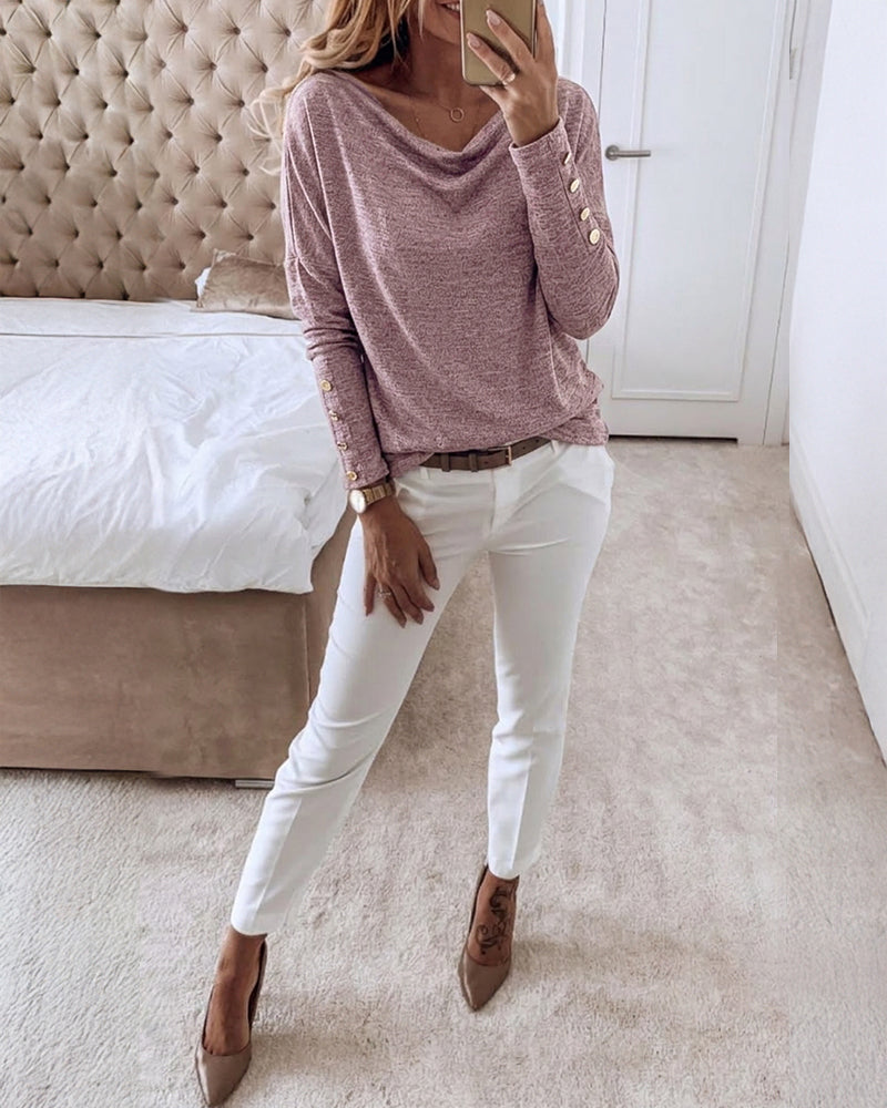 Women's Multi Way Neck Long Sleeve Top Gold Button Detail Casual Knit Tee - Image 6