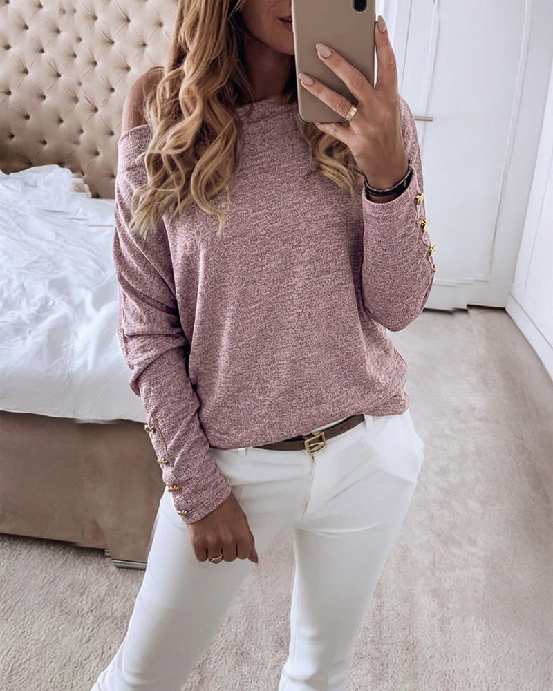 Women's Multi Way Neck Long Sleeve Top Gold Button Detail Casual Knit Tee - Image 3