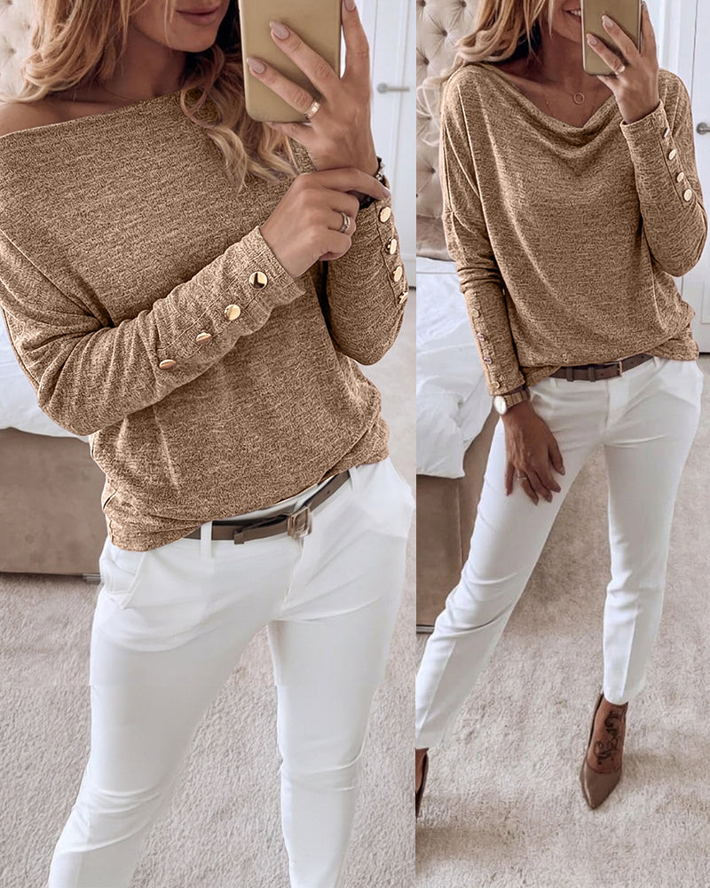 Women's Multi Way Neck Long Sleeve Top Gold Button Detail Casual Knit Tee - Image 13