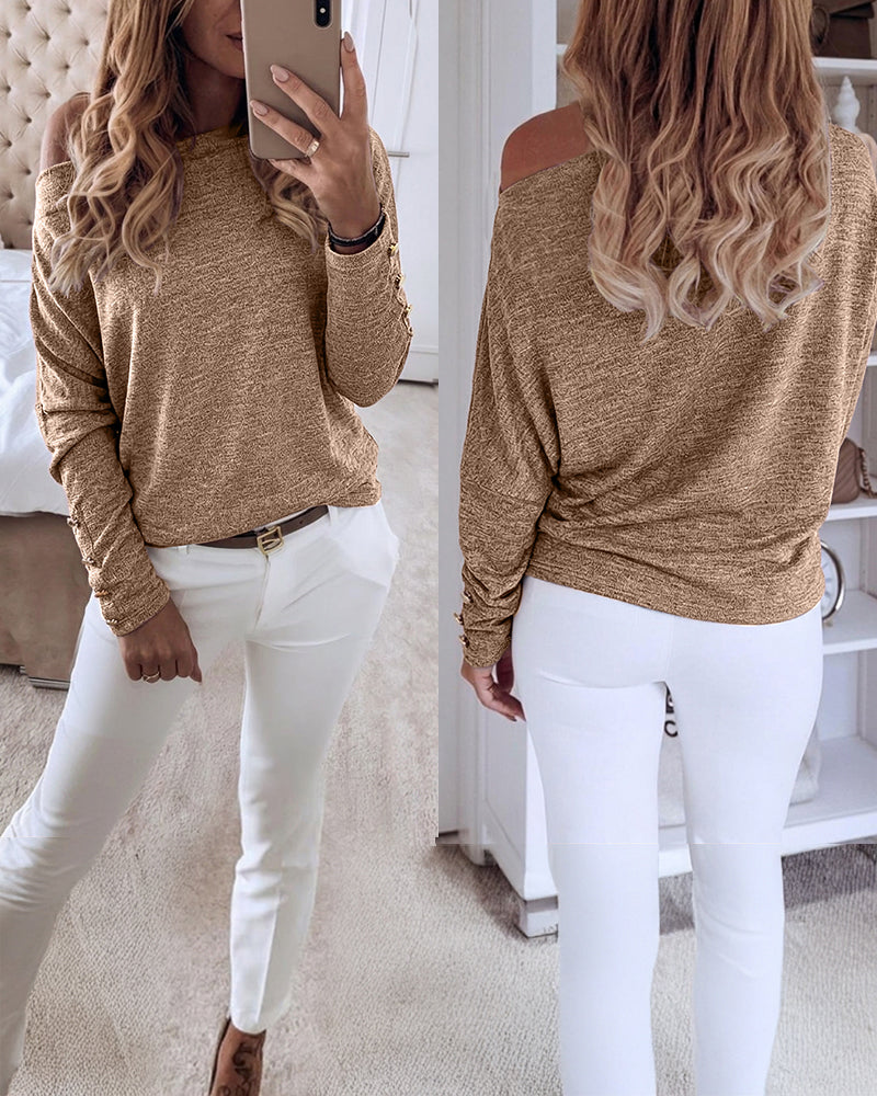 Women's Multi Way Neck Long Sleeve Top Gold Button Detail Casual Knit Tee - Image 17