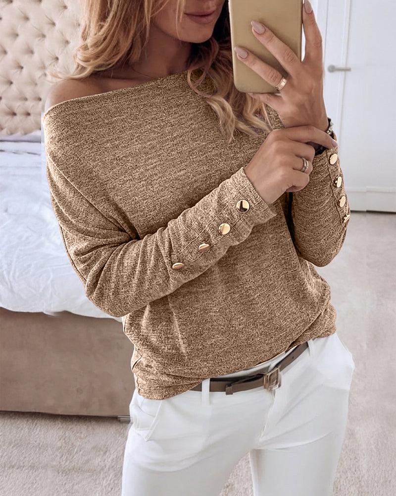 Women's Multi Way Neck Long Sleeve Top Gold Button Detail Casual Knit Tee - Image 15