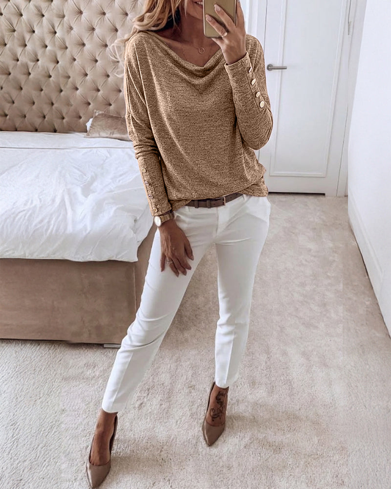 Women's Multi Way Neck Long Sleeve Top Gold Button Detail Casual Knit Tee - Image 18