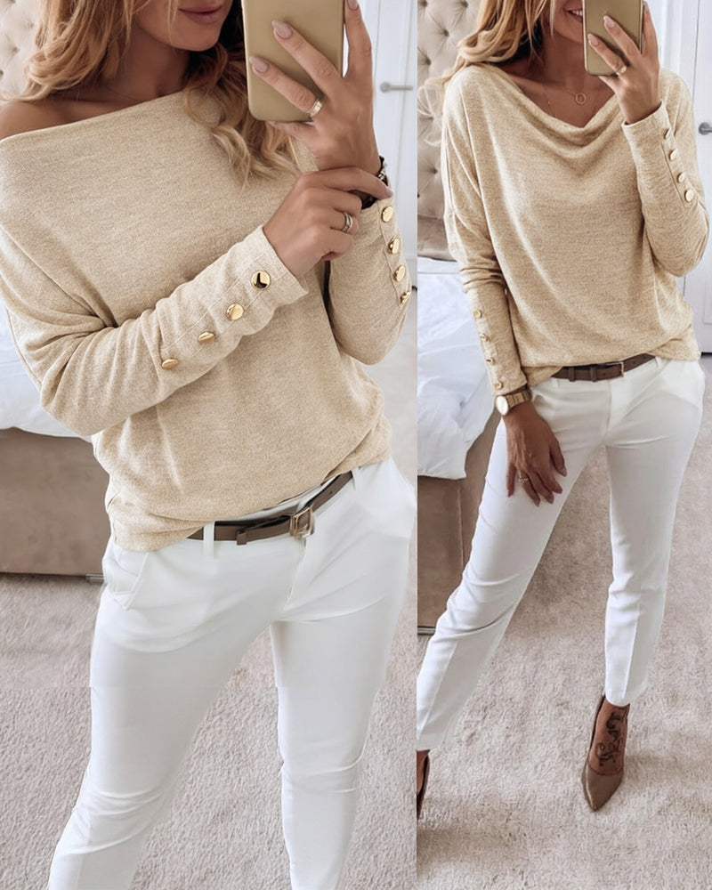 Women's Multi Way Neck Long Sleeve Top Gold Button Detail Casual Knit Tee - Image 7