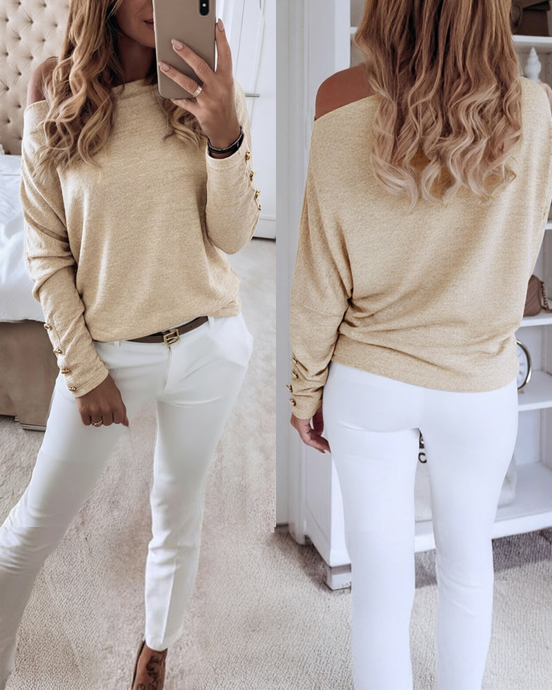 Women's Multi Way Neck Long Sleeve Top Gold Button Detail Casual Knit Tee - Image 11