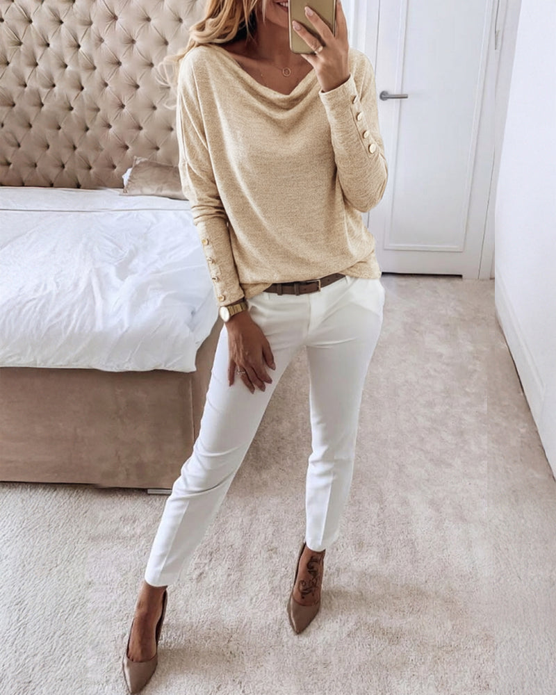 Women's Multi Way Neck Long Sleeve Top Gold Button Detail Casual Knit Tee - Image 12