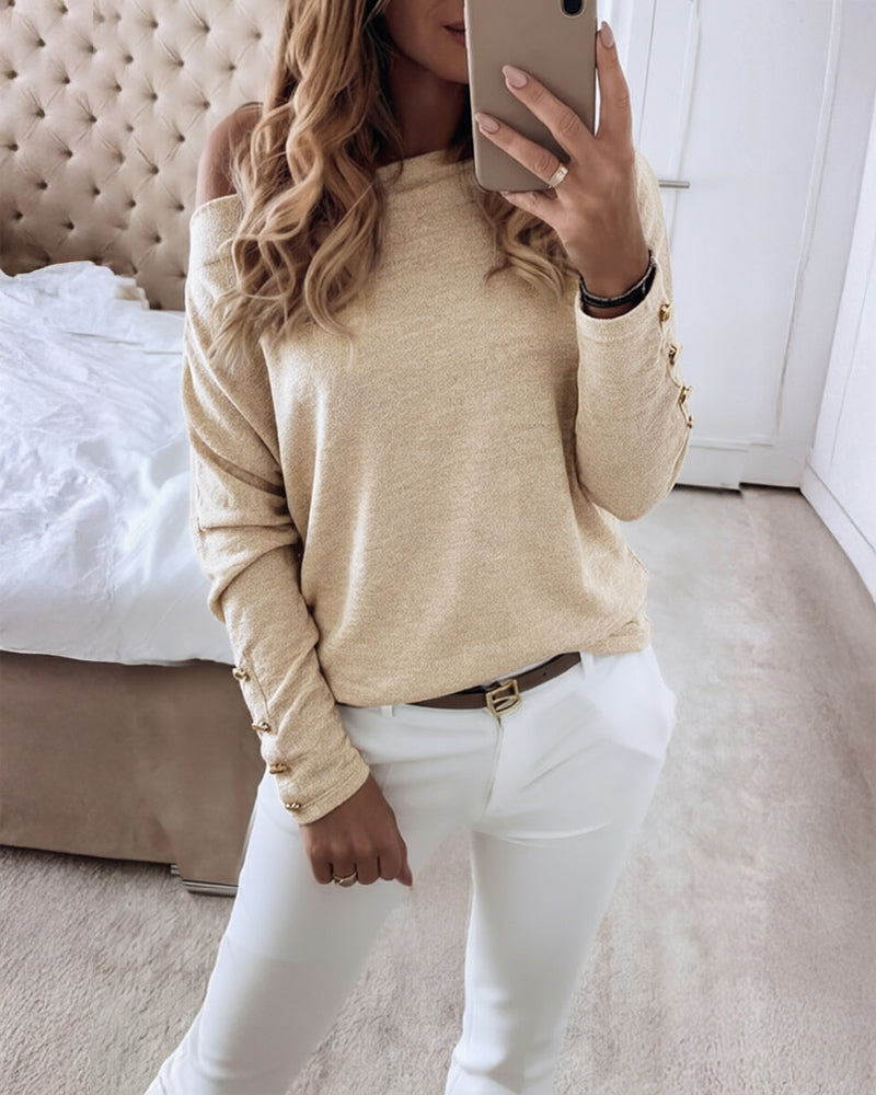 Women's Multi Way Neck Long Sleeve Top Gold Button Detail Casual Knit Tee - Image 10