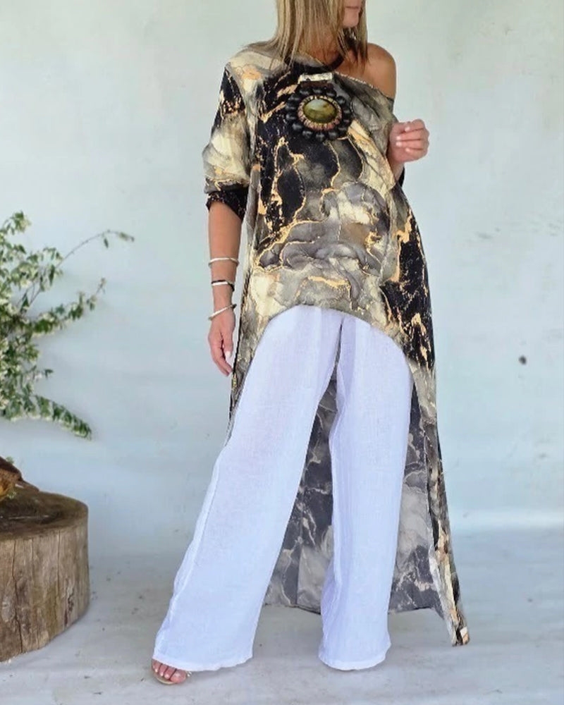 CHICME Women's Marble Print Long Sleeve Blouse Loose Fit High-Low Hem Tunic Top - Image 15