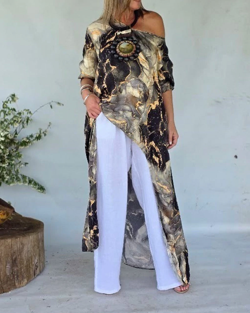 CHICME Women's Marble Print Long Sleeve Blouse Loose Fit High-Low Hem Tunic Top - Image 17